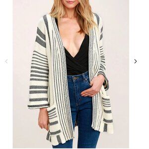 Lulus Annual Ritual Black and Ivory Striped Cardigan Sweater XS